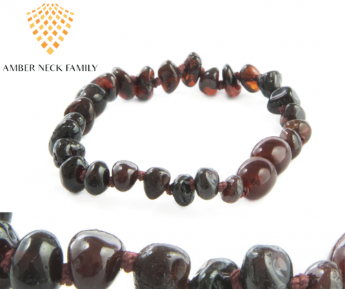 Teething amber bracelet for kids, dark cherry color of amber beads (14cm)