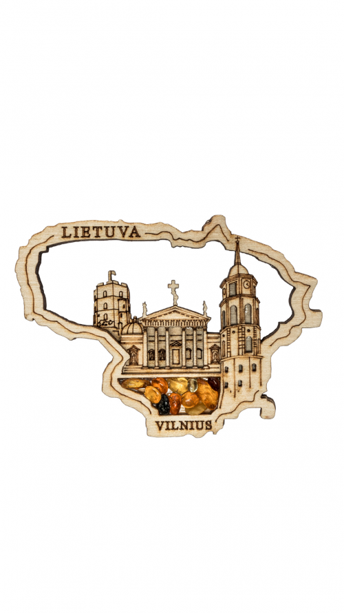 Lithuania magnet is decorated with pieces of amber. Souvenir with Lithuanian relief (wooden)