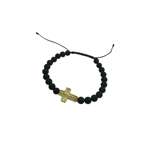 Matt black amber bracelet with a cross