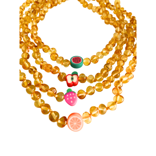 Polished yellow amber necklace with fruit symbol for children